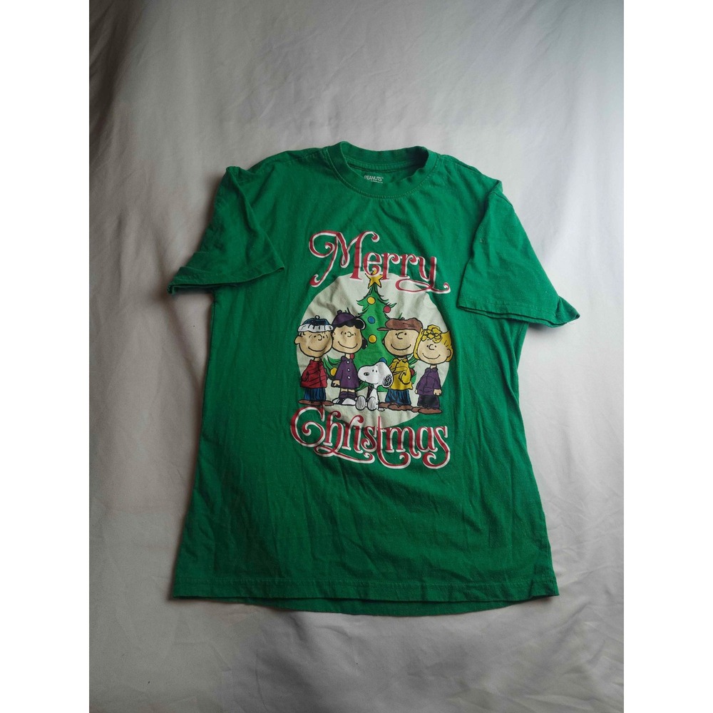 Peanuts Merry Christmas Green Graphic T-Shirt Snoopy Charlie Brown Gang Small‎